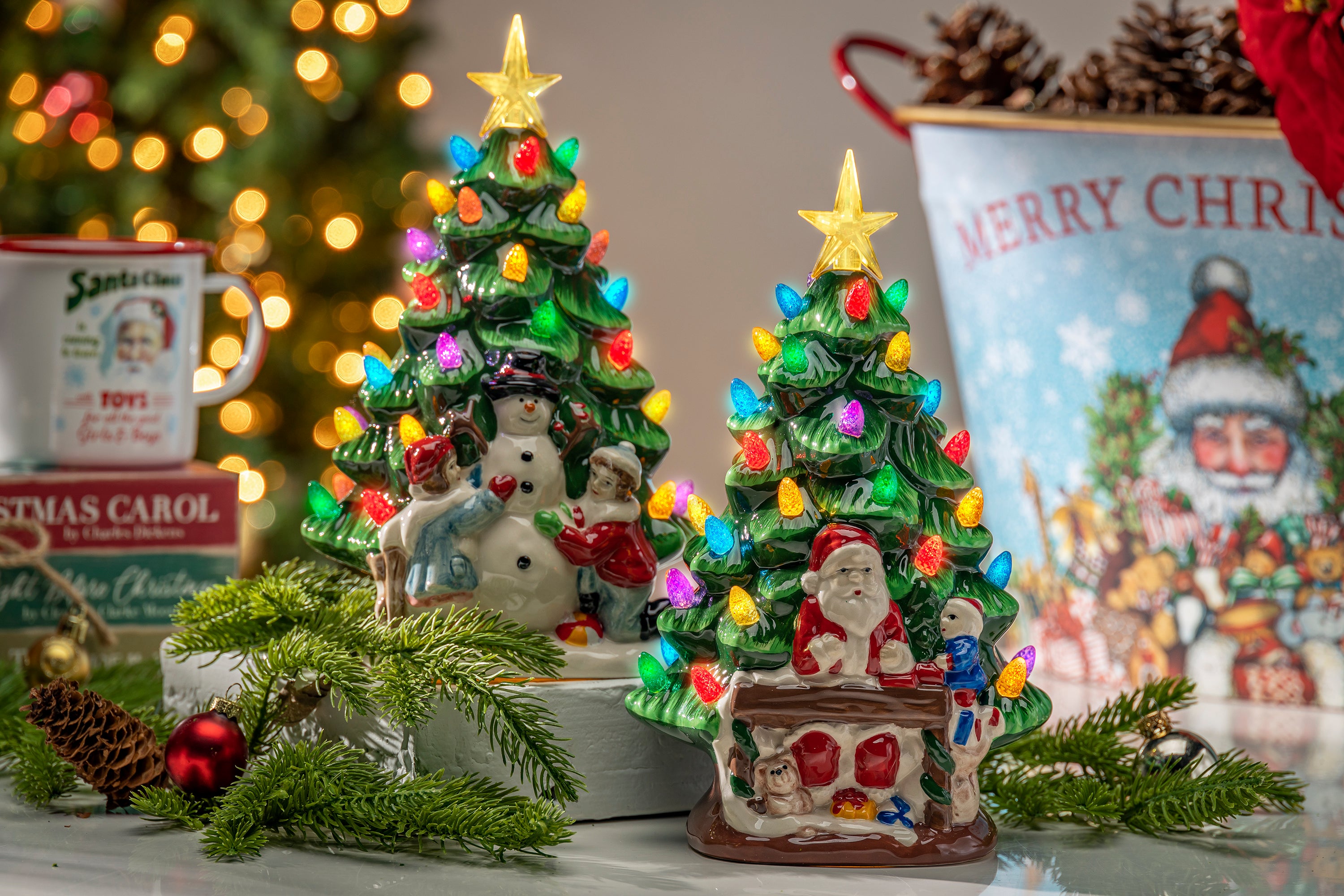 Illuminated 10 in H Battery Operated Lighted Ceramic Christmas Tree with Snowman